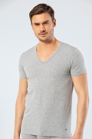 Erkek Derin V Yaka Likrali T-shirt, %95 Pamuk, %5 Elastan