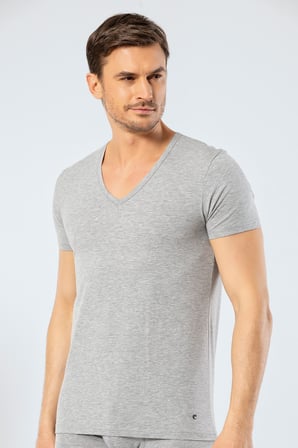 Erkek Derin V Yaka Likrali T-shirt, %95 Pamuk, %5 Elastan
