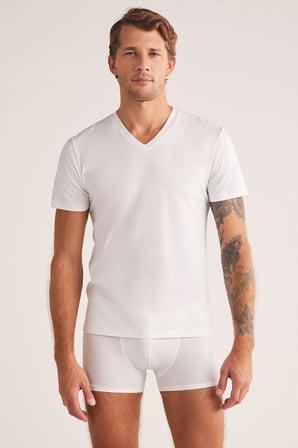 V Yaka Pamuk Modal Erkek Tshirt, %47 Pamuk %47 Modal %6 Elastan