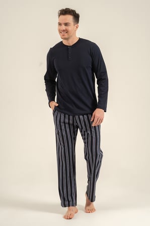 Erkek Lacivert %100 Pamuklu Pijama Takım, Düğmeli Yakalı, Cep Detaylı