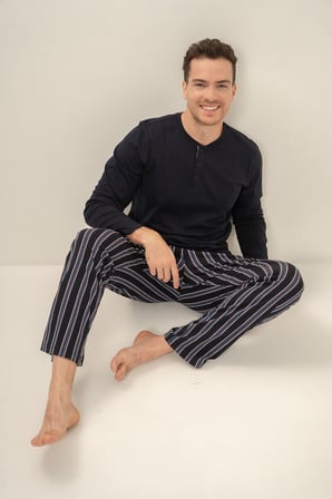 Erkek Lacivert %100 Pamuklu Pijama Takım, Düğmeli Yakalı, Cep Detaylı