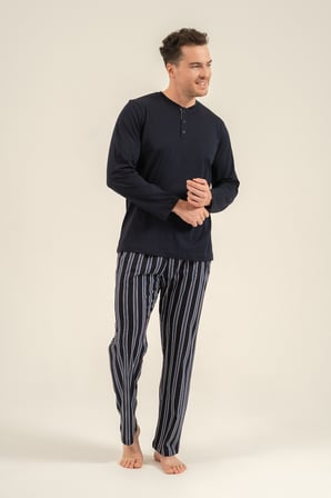 Erkek Lacivert %100 Pamuklu Pijama Takım, Düğmeli Yakalı, Cep Detaylı