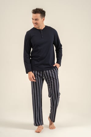 Erkek Lacivert %100 Pamuklu Pijama Takım, Düğmeli Yakalı, Cep Detaylı