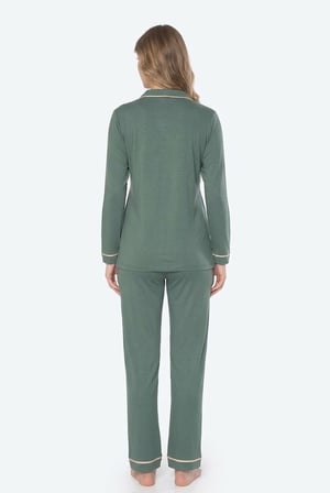 Kadın Yeşil %100 Pamuklu Penye Gömlek Pijama Takım , Boydan Düğmeli Biyeli Kadın Pijama Takım