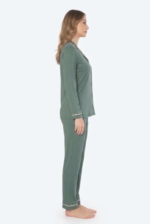 Kadın Yeşil %100 Pamuklu Penye Gömlek Pijama Takım , Boydan Düğmeli Biyeli Kadın Pijama Takım