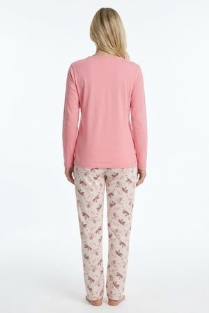 Kadın Pembe %100 Pamuklu Penye Pijama Takım, Yakası Düğmeli Uzunkol, Cepli Kadın Pijama Takım
