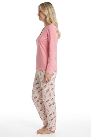 Kadın Pembe %100 Pamuklu Penye Pijama Takım, Yakası Düğmeli Uzunkol, Cepli Kadın Pijama Takım