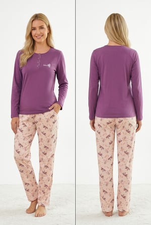 Kadın Mor %100 Pamuklu Penye Pijama Takım, Yakası Düğmeli Uzunkol, Cepli Kadın Pijama Takım