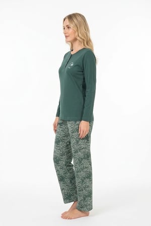 Kadın Yeşil %100 Pamuklu Penye Pijama Takım, Bisiklet Yaka, Uzunkol, Cepli Kadın Pijama Takım