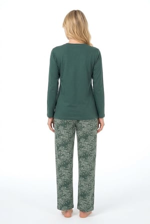 Kadın Yeşil %100 Pamuklu Penye Pijama Takım, Bisiklet Yaka, Uzunkol, Cepli Kadın Pijama Takım