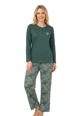 Kadın Yeşil %100 Pamuklu Penye Pijama Takım, Bisiklet Yaka, Uzunkol, Cepli Kadın Pijama Takım