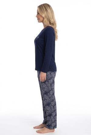 Kadın Lacivert %100 Pamuklu Penye Pijama Takım, Bisiklet Yaka, Uzunkol, Cepli Kadın Pijama Takım