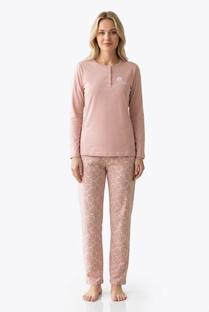 Kadın Toz Pembe %100 Pamuklu Penye Pijama Takım, Yakası Düğmeli Uzunkol, Cepli Kadın Pijama Takım