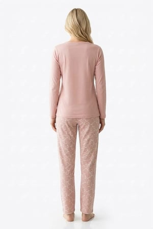 Kadın Toz Pembe %100 Pamuklu Penye Pijama Takım, Yakası Düğmeli Uzunkol, Cepli Kadın Pijama Takım