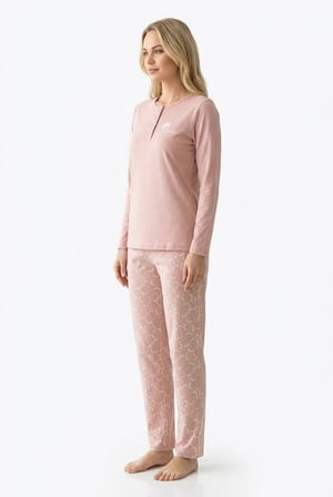 Kadın Toz Pembe %100 Pamuklu Penye Pijama Takım, Yakası Düğmeli Uzunkol, Cepli Kadın Pijama Takım