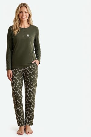 Kadın Yeşil %100 Pamuklu Penye Pijama Takım, Yakası Düğmeli Uzunkol, Cepli Kadın Pijama Takım