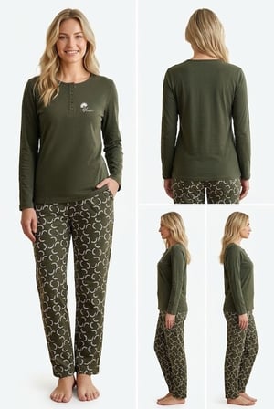 Kadın Yeşil %100 Pamuklu Penye Pijama Takım, Yakası Düğmeli Uzunkol, Cepli Kadın Pijama Takım