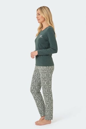 Kadın Petrol Yeşili %100 Pamuklu Penye Pijama Takım, Bisiklet Yaka, Uzunkol, Cepli Kadın Pijama Takım