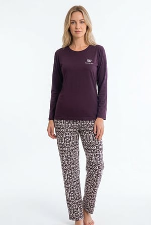 Kadın Mor %100 Pamuklu Penye Pijama Takım, Bisiklet Yaka, Uzunkol, Cepli Kadın Pijama Takım