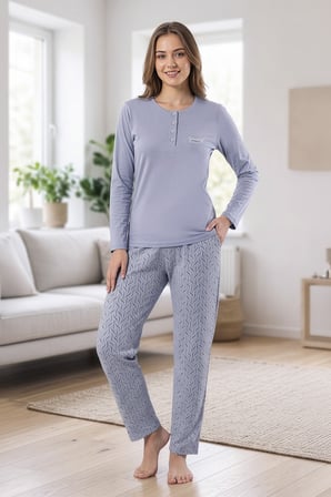 Kadın Lila   Pamuk Uzunkollu Pijama Takım, Rahat Kalıp, Yakası Düğmeli, Cep Detaylı