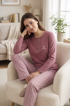 Kadın Gül Kurusu   Pamuk Pijama Takım, Rahat Kalıp, Yakası Düğmeli, Cep Detaylı