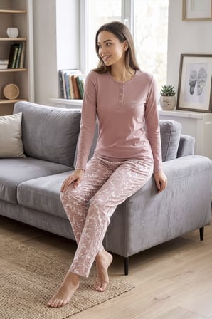 Kadın Pudra   Pamuk Pijama Takım, Rahat Kalıp, Yakası Düğmeli, Cep Detaylı
