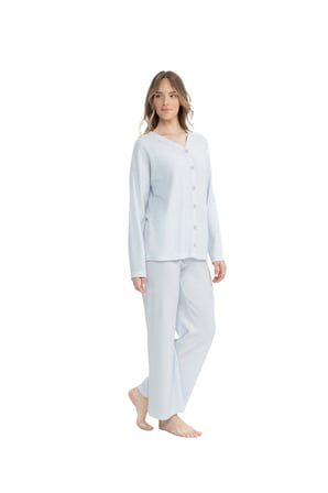 Kadın Önden Düğmeli Uzunkol Bol Paça Pijama Takım