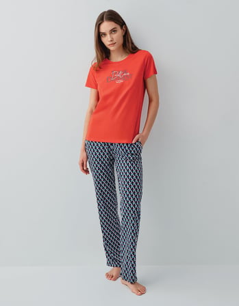 Pierre Cardin Kadın Yazlık Kısa Kollu Pijama Takımı – %50 Modal %50 Pamuk, Desenli Uzun Alt, Baskılı Üst