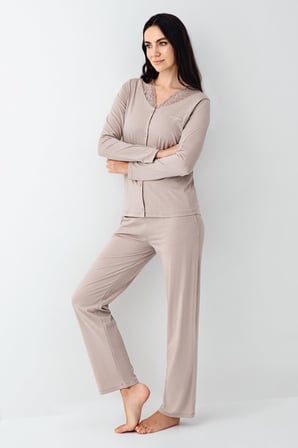 Kadın Dantel Detaylı Düğmeli Pijama Takım, %50 Modal %50 Pamuk