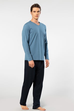 Cacharel Erkek V Yaka Uzunkol Pijama Takım, %50 Modal, %50 Pamuk Alt Pijama ceplidir