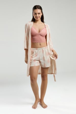 Arnetta 3'lü Ev Giyim, Sabahlık, Dantelli Bralet, Şort Set