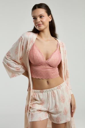 Arnetta 3'lü Ev Giyim, Sabahlık, Dantelli Bralet, Şort Set