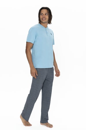 U.S. Polo %100 Pamuklu, Düğmeli Bisiklet Yaka T-shirt, Desenli Cepli Pijama Takım