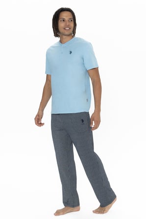 U.S. Polo %100 Pamuklu, Düğmeli Bisiklet Yaka T-shirt, Desenli Cepli Pijama Takım