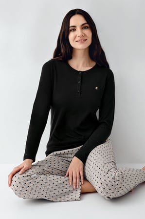 Kadın Siyah Düğmeli Uzunkol Mevsimlik Pijama Takım, %50 pamuk %50 modal