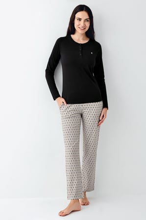 Kadın Siyah Düğmeli Uzunkol Mevsimlik Pijama Takım, %50 pamuk %50 modal