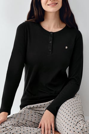 Kadın Siyah Düğmeli Uzunkol Mevsimlik Pijama Takım, %50 pamuk %50 modal