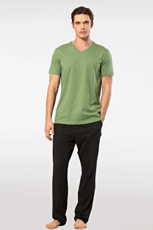 Cacharel V Yaka T-shirt ve Cepli Pijama Takım, %50 Pamuk %50 Modal