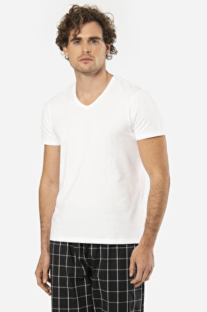 Cacharel V Yaka Kısa Kol T-shirt ve Cepli Ekoseli Alt Pijama Takım