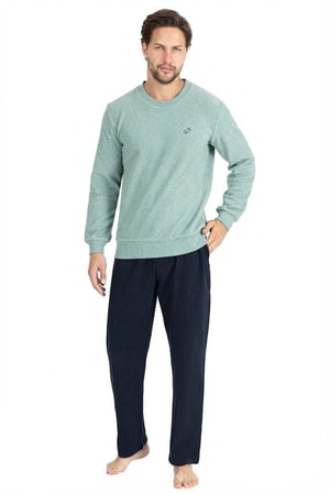 Erkek %100 Pamuk Mint Bisiklet Yaka Selanik Dokuma Kalın Kışlık Pijama Takım