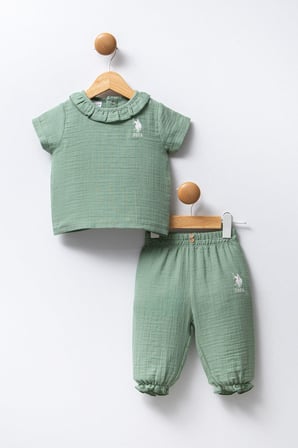 U.S. Polo Assn. Müslin Kumaş Dokuma Yeşil Kız Bebek Alt Üst Takım