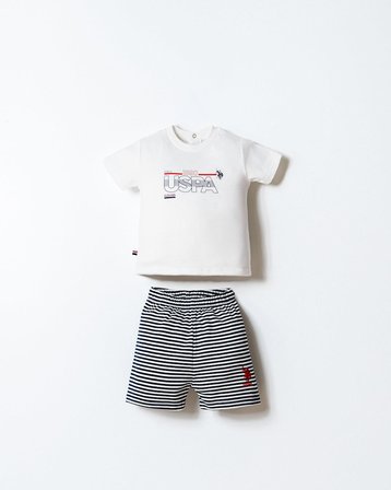 U.S. Polo Assn. Erkek Bebek Şort T-Shirt Takım %100 Pamuk Süprem Üst İnterlok Şort Çizgili Lacivert Beyaz Yazlık Alt Üst Takım