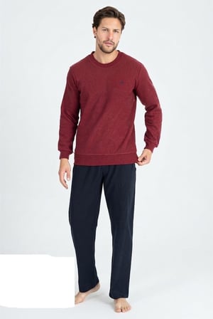 Erkek %100 Pamuk Bordo Bisiklet Yaka Selanik Dokuma Kalın Kışlık Pijama Takım