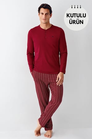 Arnetta Uzunkol Kuutulu Erkek Pijama Takım, %100 Pamuk, Büyük Beden Erkek Pijama Takım