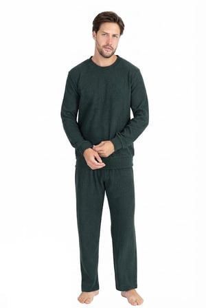 Erkek %100 Pamuk Haki Bisiklet Yaka Selanik Dokuma Kalın Kışlık Pijama Takım