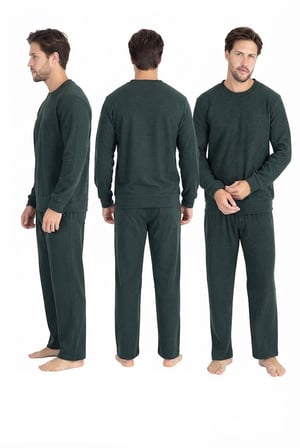 Erkek %100 Pamuk Haki Bisiklet Yaka Selanik Dokuma Kalın Kışlık Pijama Takım