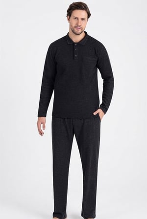 Erkek %100 Pamuk Antrasit Polo Yaka Selanik Dokuma Kalın Kışlık Pijama Takım