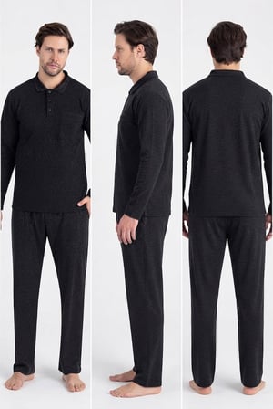 Erkek %100 Pamuk Antrasit Polo Yaka Selanik Dokuma Kalın Kışlık Pijama Takım