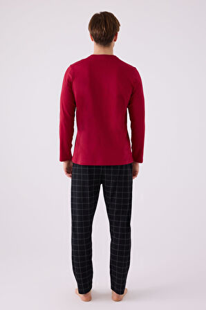 Erkek Bordo Ekoseli ve Cepli Uzunkol Pijama Takım, %100 Pamuklu