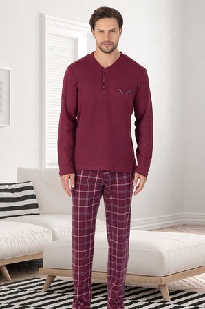 %100 Pamuk Erkek Mevsimlik Uzunkollu Pijama Takım, Altı ekoseli Cep Detaylı, Üst düz renk yuvarlak yaka düğmeli